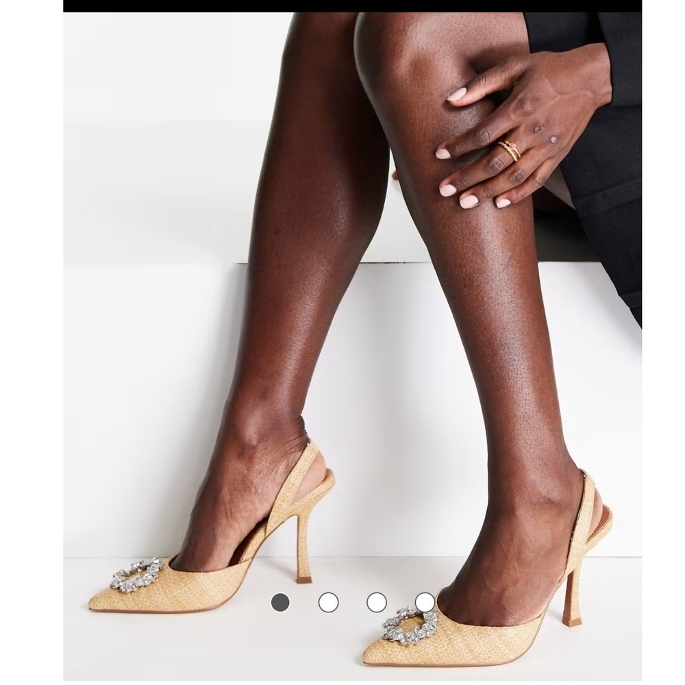 ASOS DESIGN Wide Fit Raffia Slingback Pumps with Rhinestone Buckle Tan Heel 4